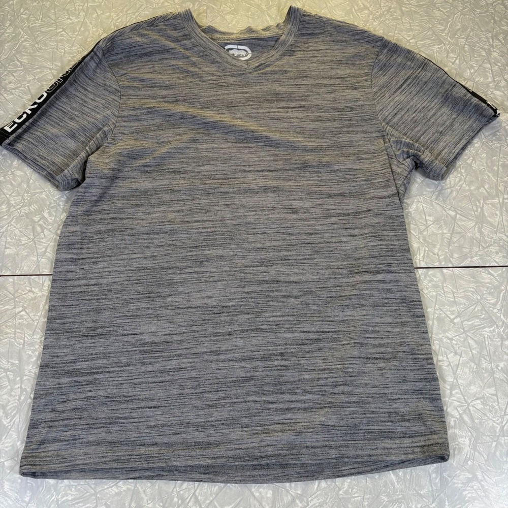 Ecko Unltd Mens Grey Heather V-Neck T-Shirt Logo Tape Sleeve Streetwear Size S